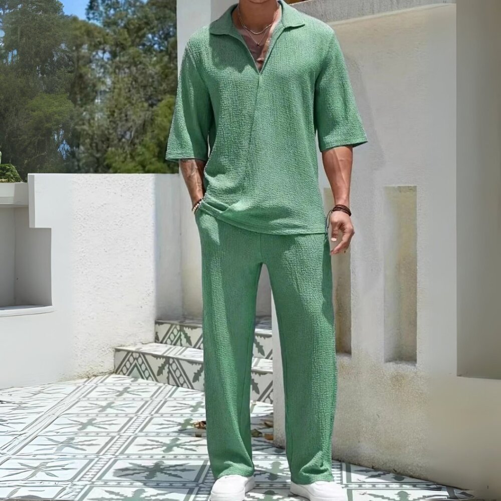 Men's Gum Leaf Johnny Collar Half Sleeve Top & Pants Resort Outfit